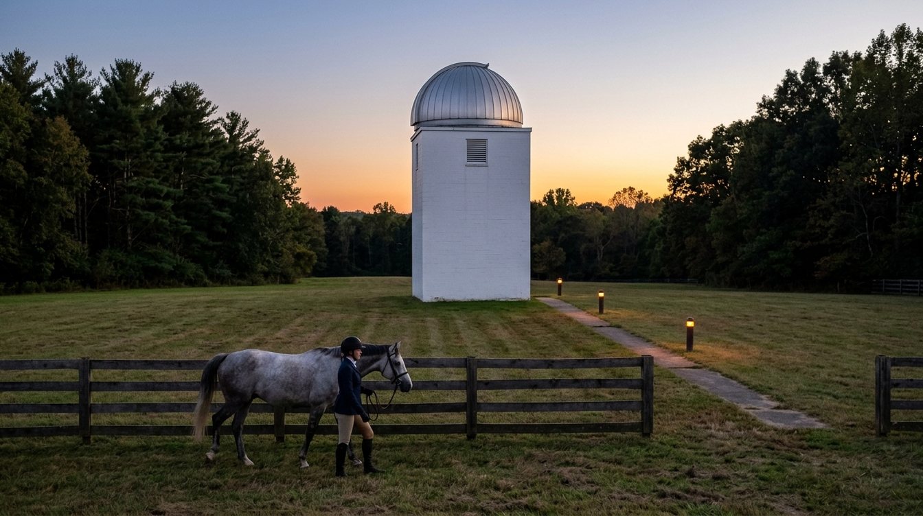A rider leading a grey horse along a dark board fence at dusk, with the square white observatory tower and its silver dome standing alone in a mown field, a lit path and pines against an orange sky