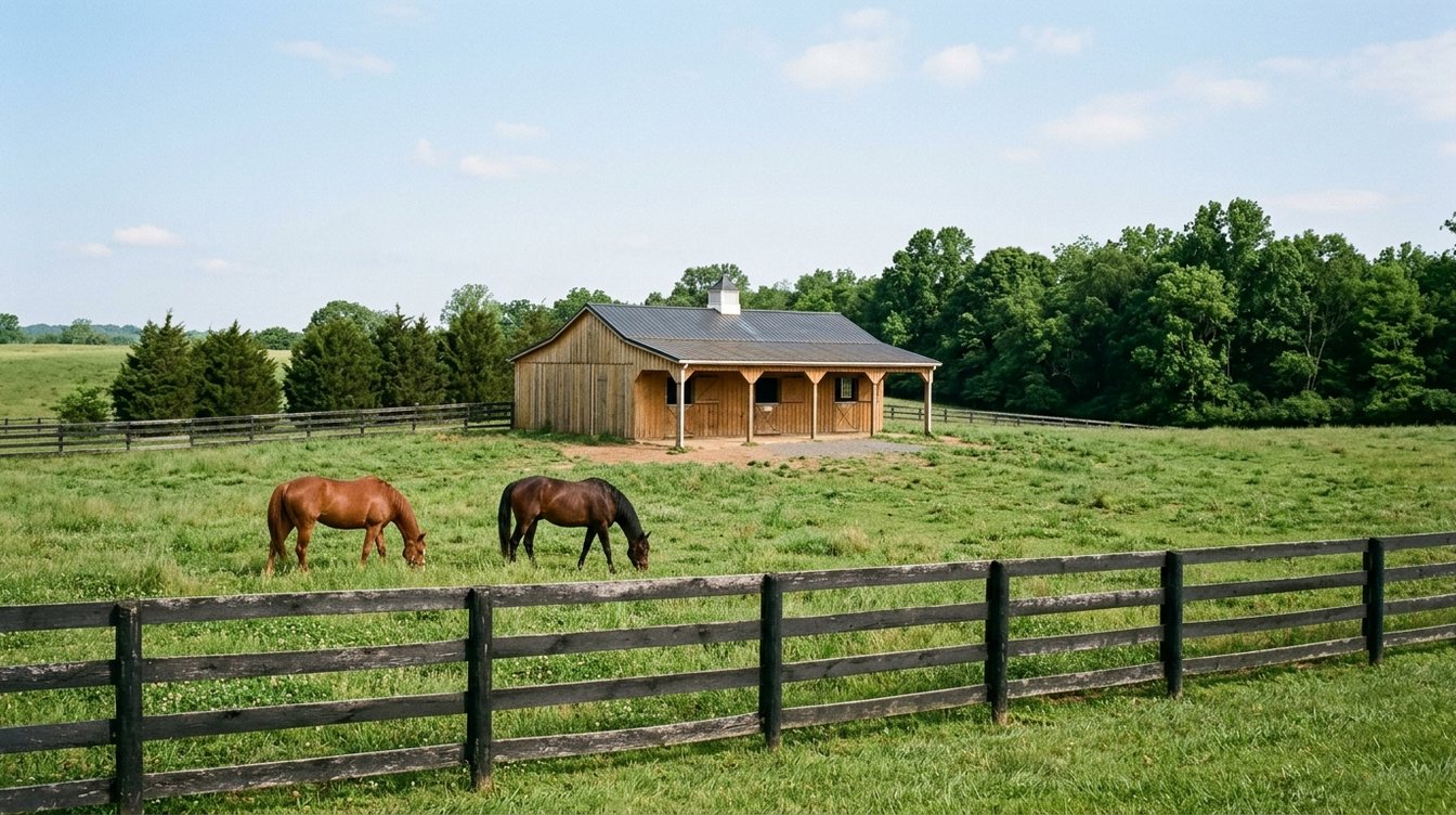 A chestnut and a dark bay horse grazing in a green pasture behind a black four-board fence, with a pine shed-row barn with a cupola, a row of red cedars and woods behind