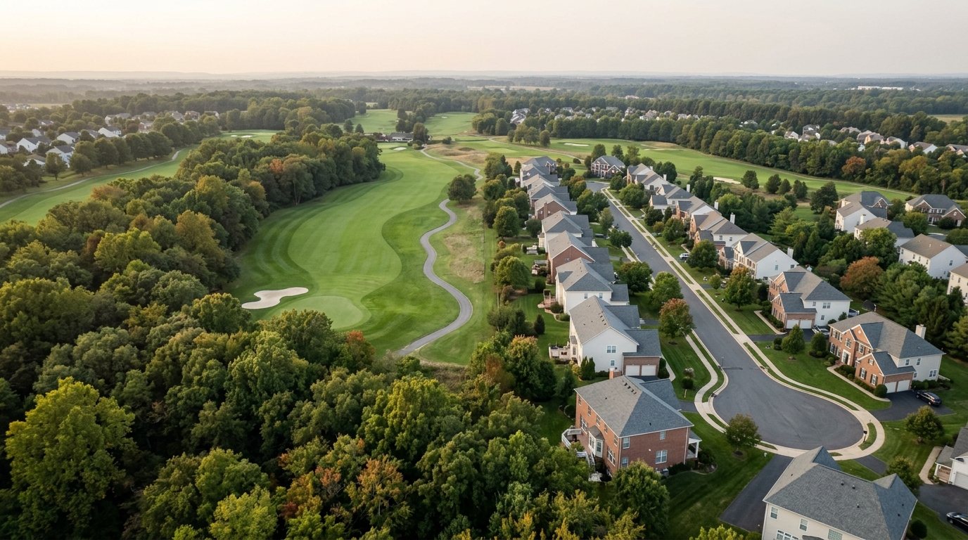 Concept image of Belmont Country Club fairways winding through woods and Ashburn neighborhoods in early fall