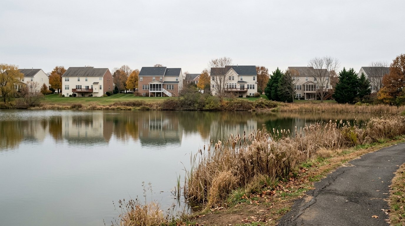 Concept image of a calm Broadlands pond in late fall with colonial homes along the far bank