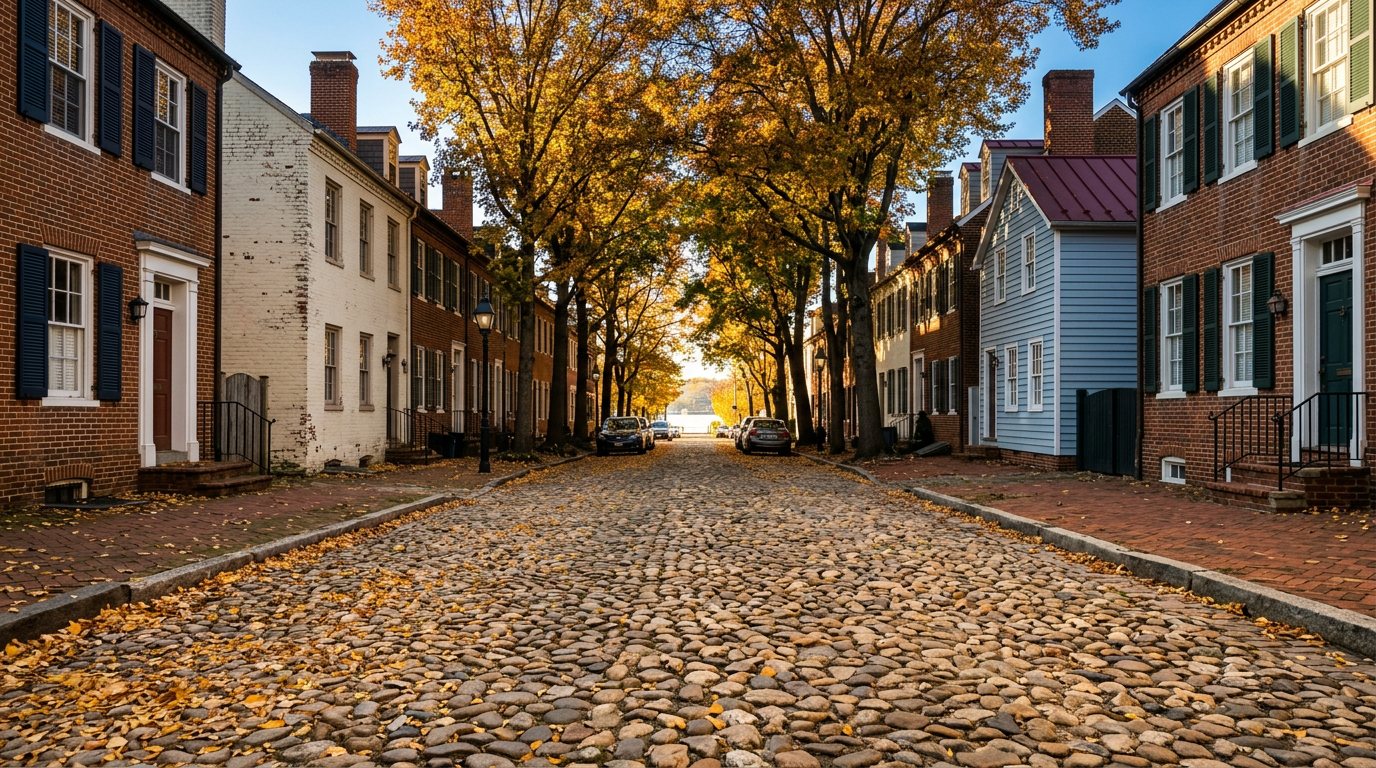 Concept image of Captain's Row's cobblestone street and Federal townhouses in Old Town Alexandria under golden fall trees