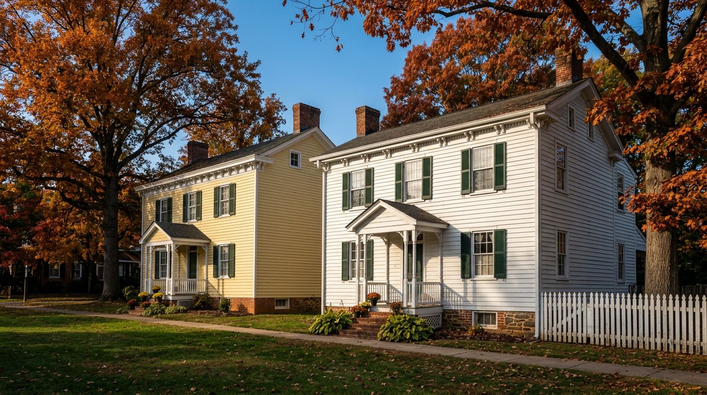 Concept image of painted clapboard houses with green shutters under orange fall maples in historic Clifton, Virginia