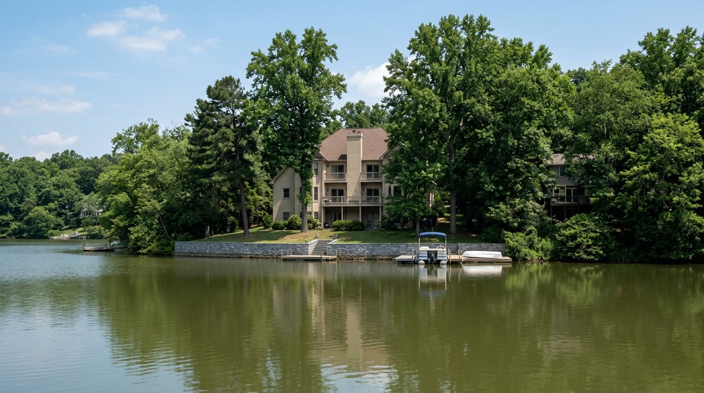 Concept image of a Lake Barcroft lakefront home among tall summer trees, seen from the calm water