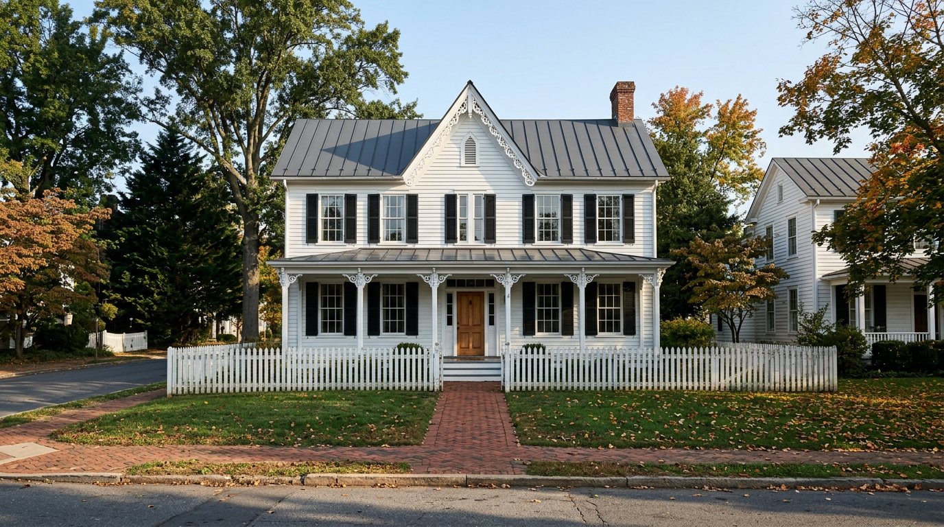 Concept image of a white Victorian house with a wide porch on Cornwall Street in Leesburg's historic district