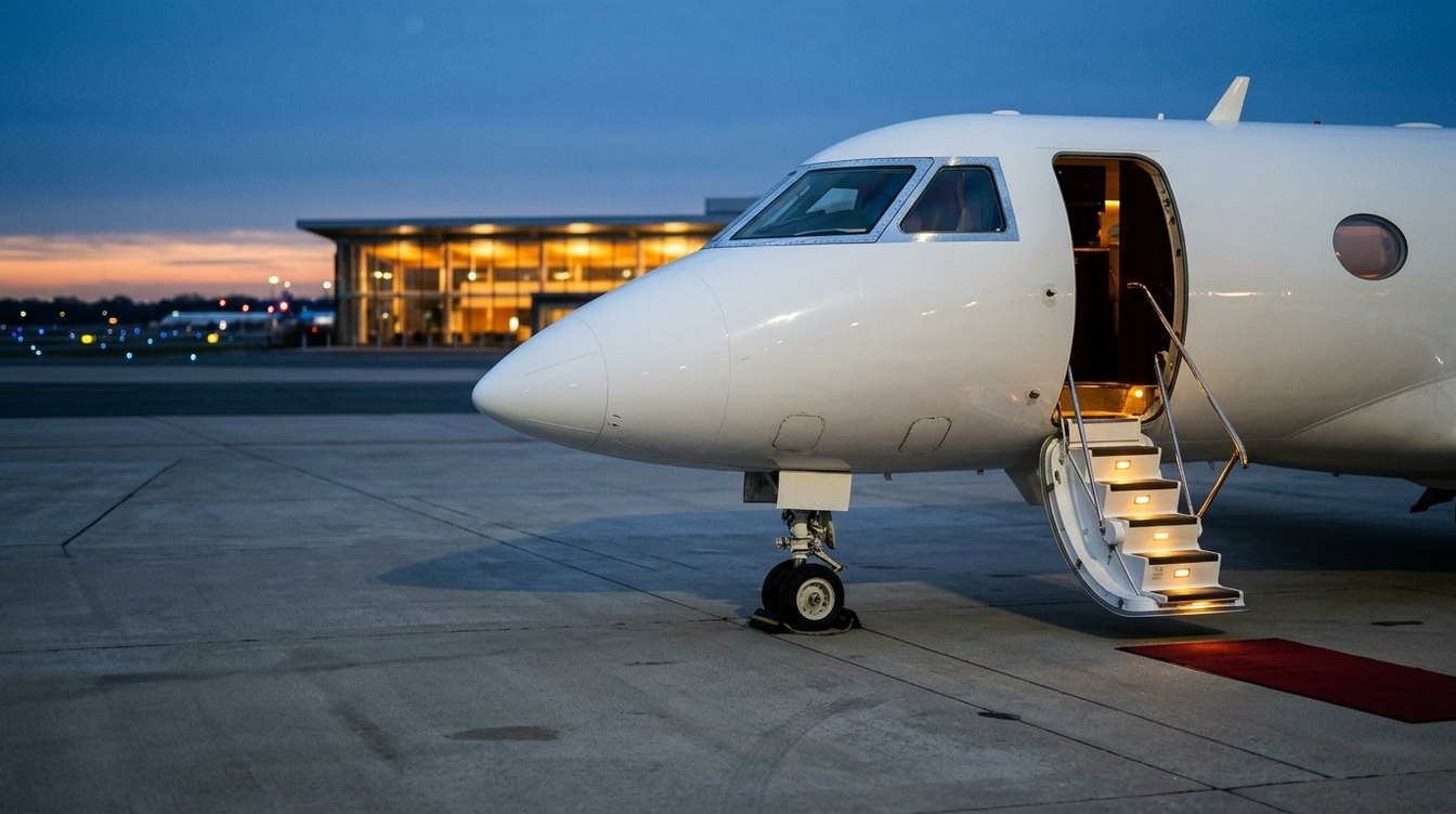 A private jet on the ramp at a Northern Virginia airport at dusk