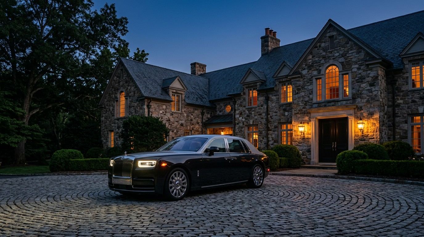 A black and silver Rolls-Royce Phantom in the cobblestone motor court of a fieldstone manor in Great Falls at twilight