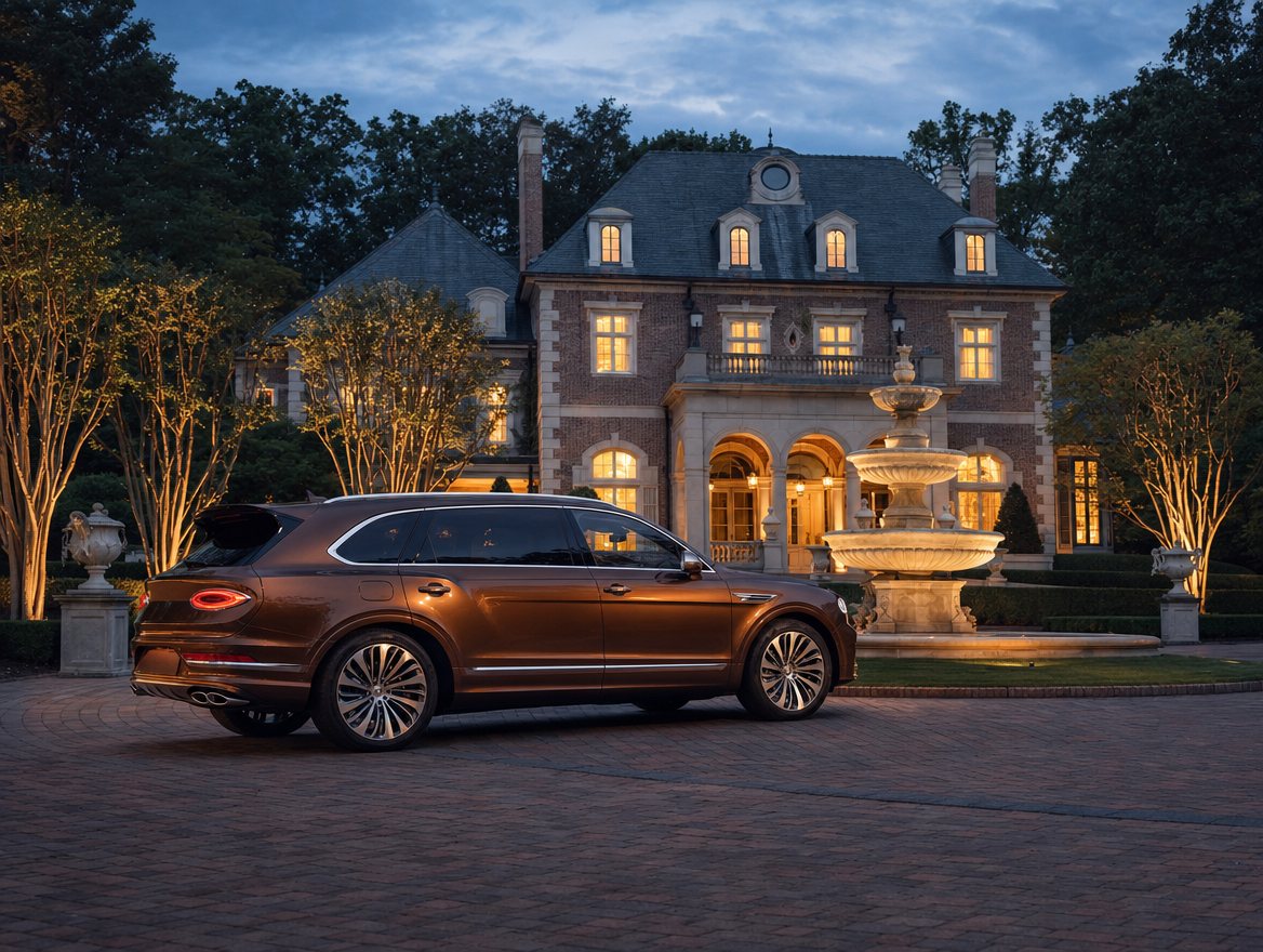 سيارة Bentley Bentayga EWB Mulliner في ساحة السيارات المرصوفة بالطوب لمنزل فاخر على أرض واسعة في غريت فولز عند الشفق