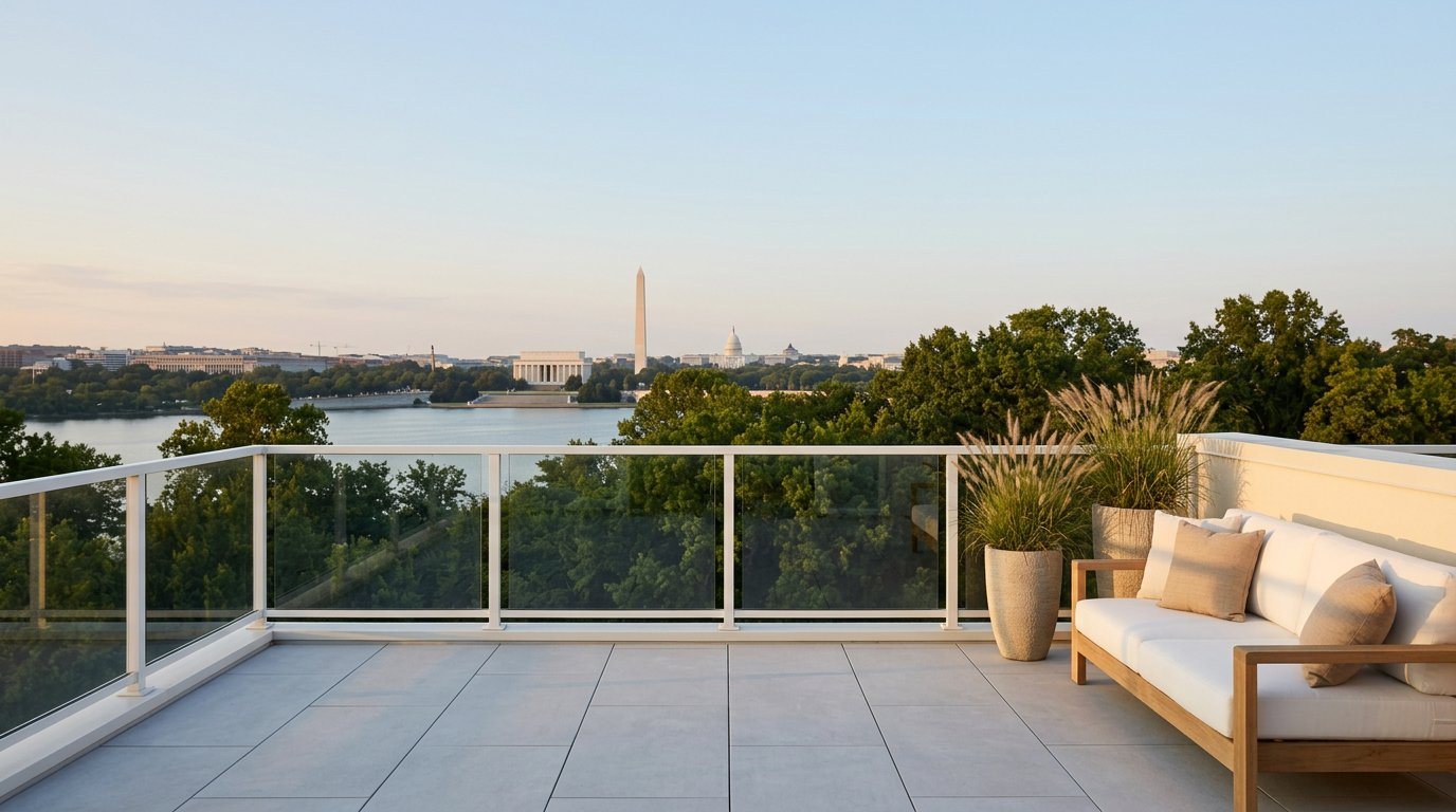 A rooftop terrace near Rosslyn in Arlington looking across the Potomac to the Lincoln Memorial, the Washington Monument and the Capitol dome on a summer evening