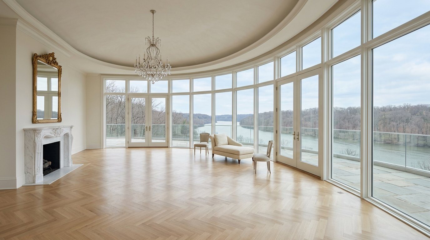 A curved wall of glass in a great room on the Potomac palisades in McLean, with herringbone oak floors, a crystal chandelier and a marble fireplace, looking out over the river in early spring
