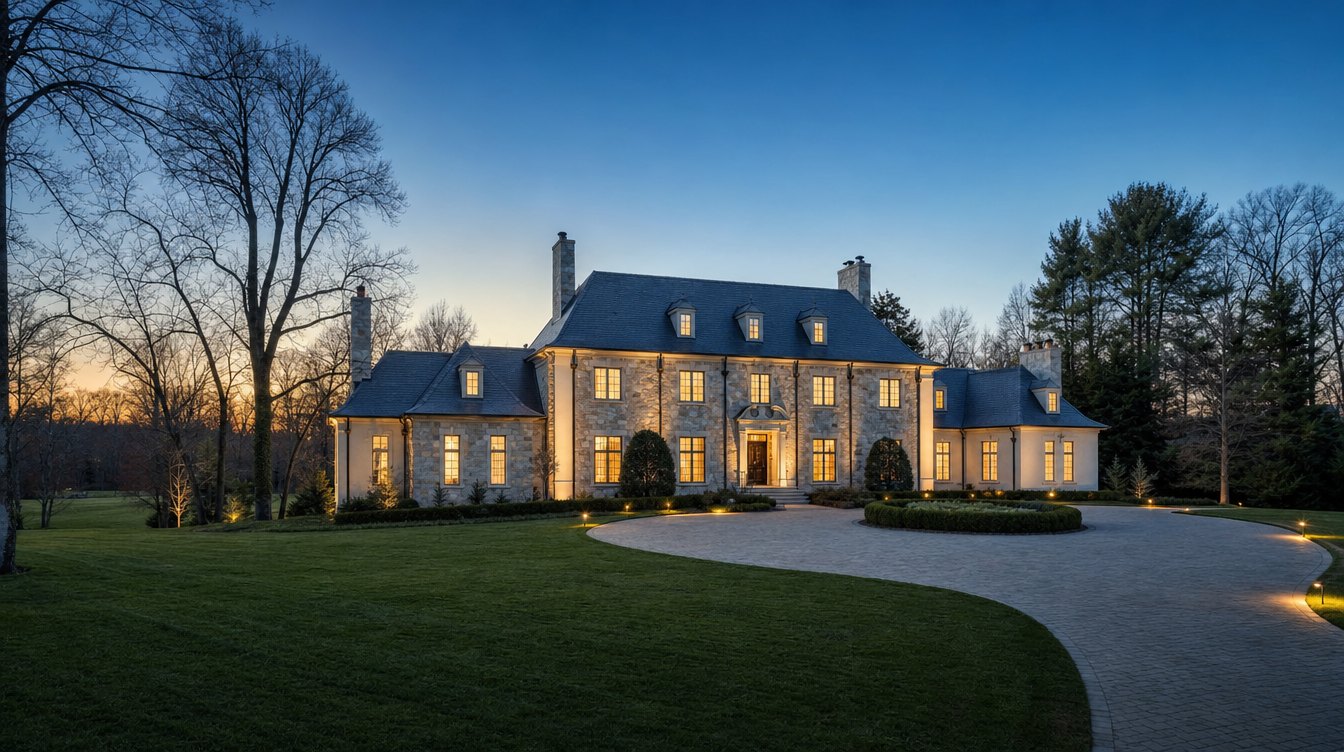A large stone French-style manor at dusk with every window lit and a curving paver drive, among bare trees