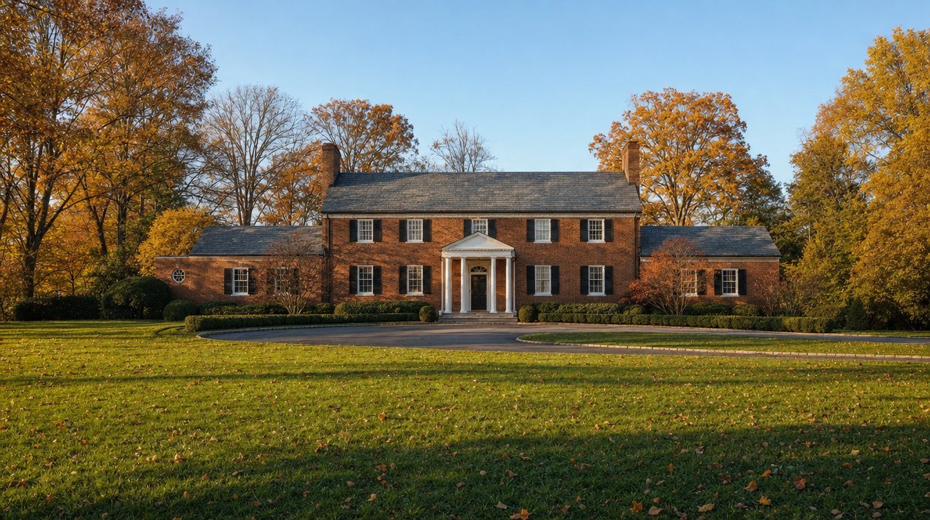 A long brick Georgian home with a white columned portico, two chimneys and side wings, behind a circular drive in fall