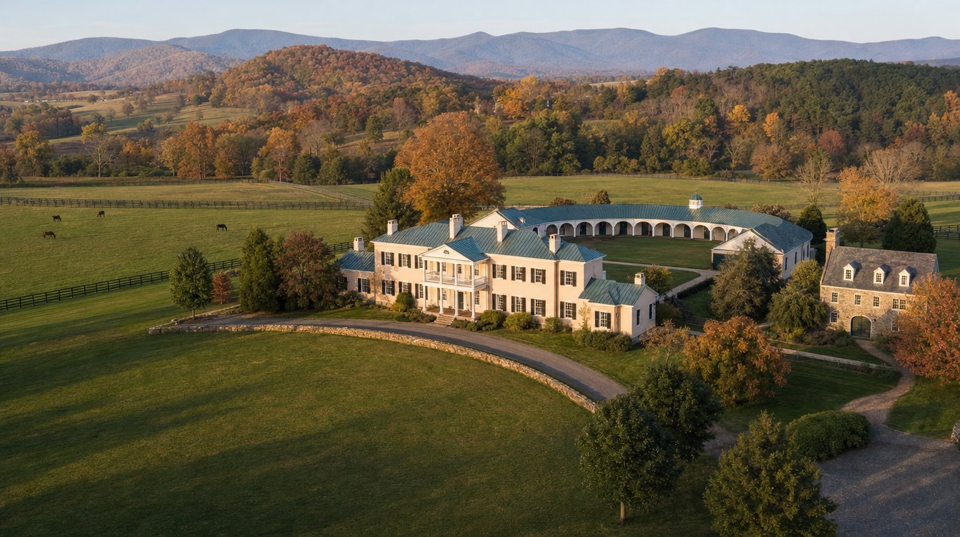 A drone view of a white manor house with a curved stable wing, horses in fenced fields and the Blue Ridge behind in fall