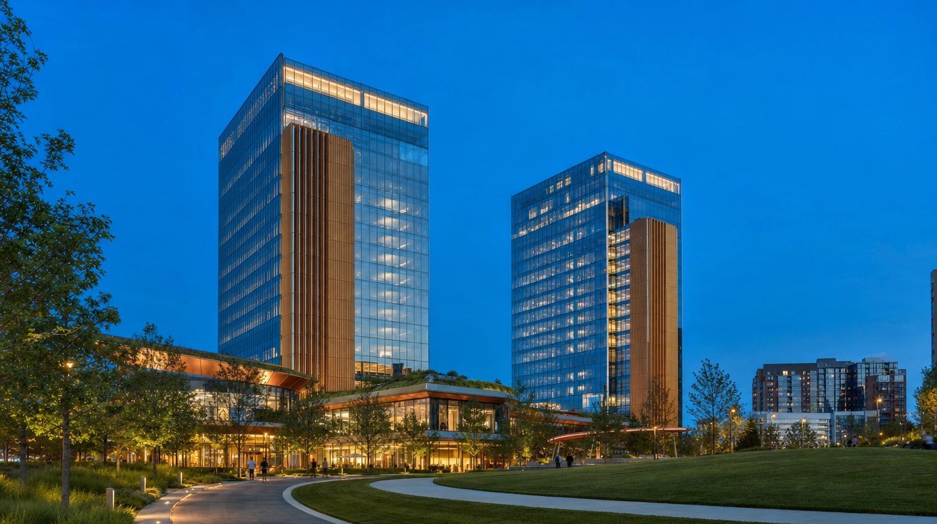 National Landing at dusk, with the Metropolitan Park towers and public park in Arlington