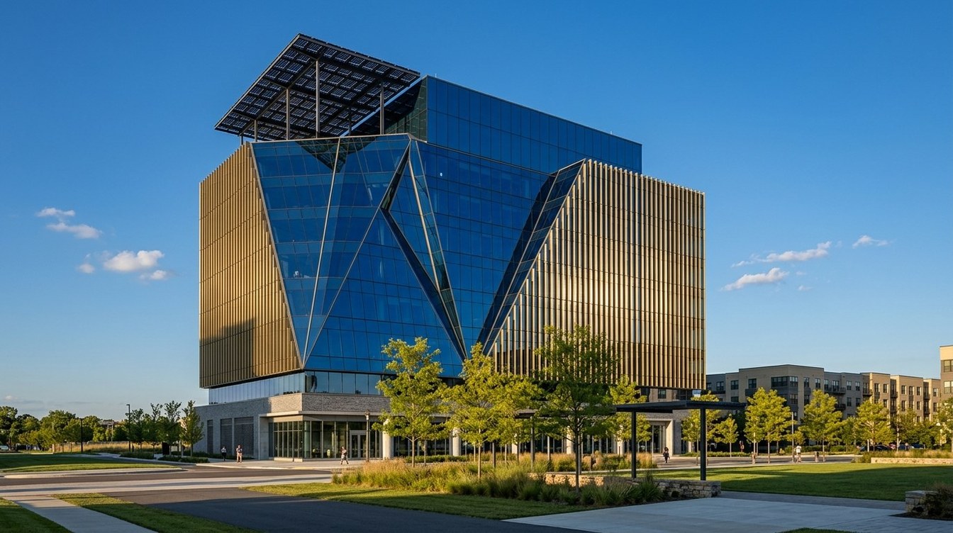 A blue glass building cut by big diagonal folds, with a gold-toned fin screen on two sides and a solar canopy on the roof, above young trees and a plaza on a clear summer evening