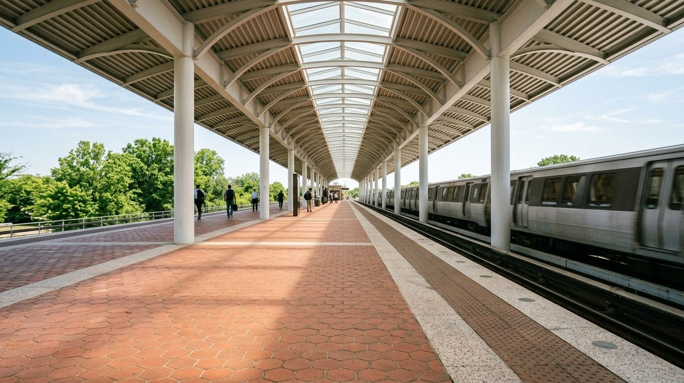 A Metro platform with red hexagonal pavers and round white columns under a long arched canopy with a skylight strip, a silver train gliding in on the right and tall trees beyond