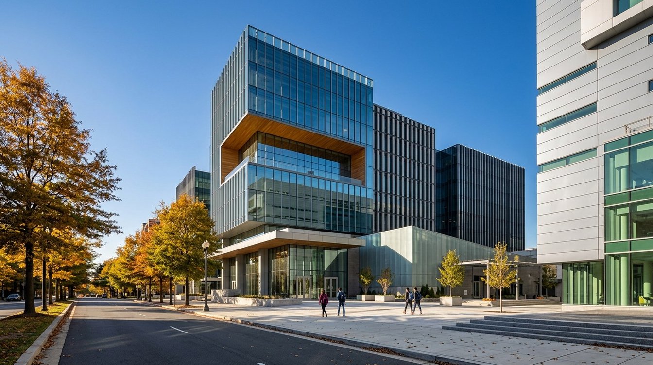 A glass tower with a wood-lined opening at mid-height and a cantilevered entry canopy, beside a darker finned wing and a silver panelled neighbor, with gold street trees on a fall afternoon
