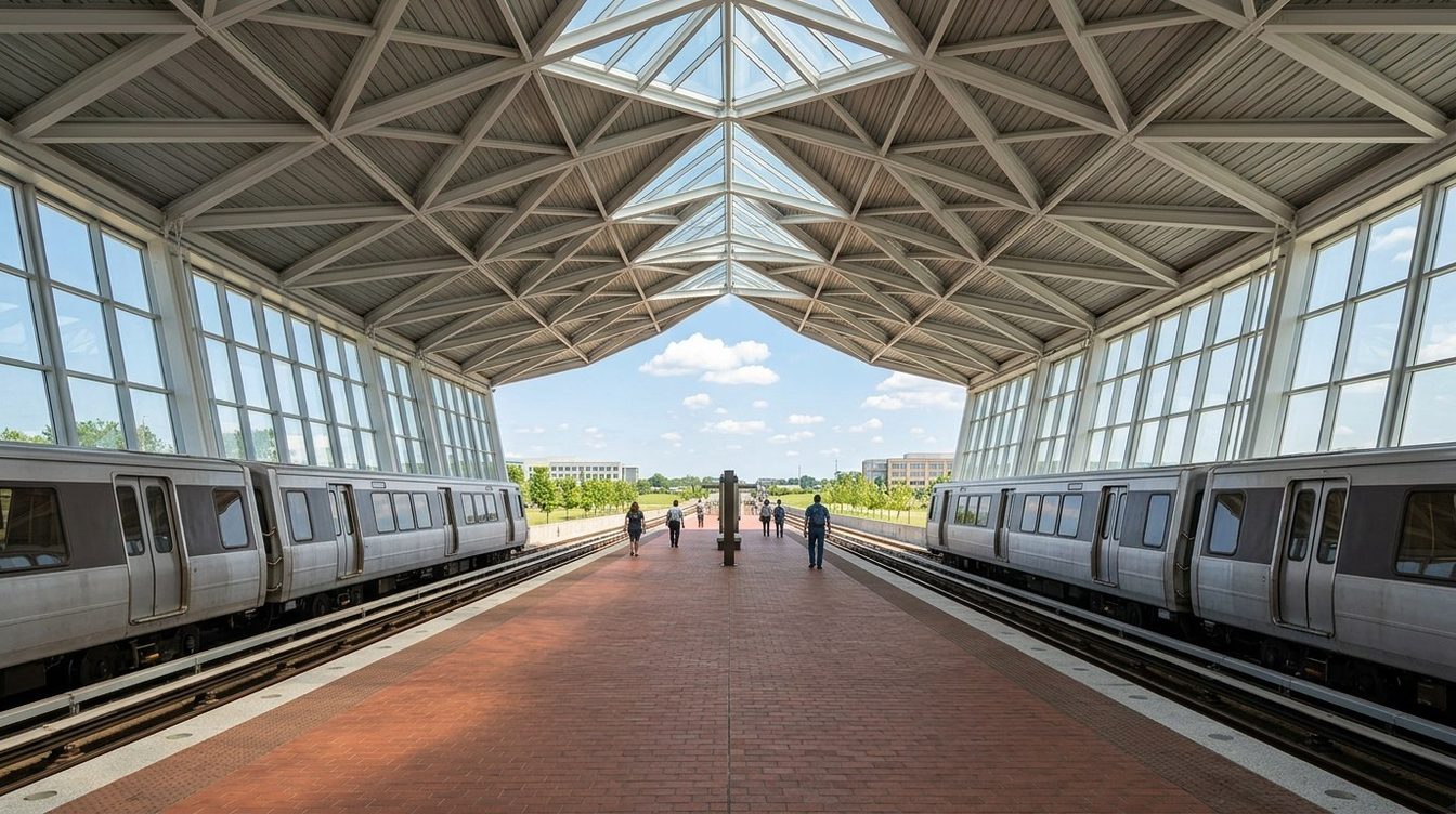 A long platform under a white steel canopy folded into triangles with triangular skylights, glass side walls and silver trains on both tracks, opening to green fields and a blue sky