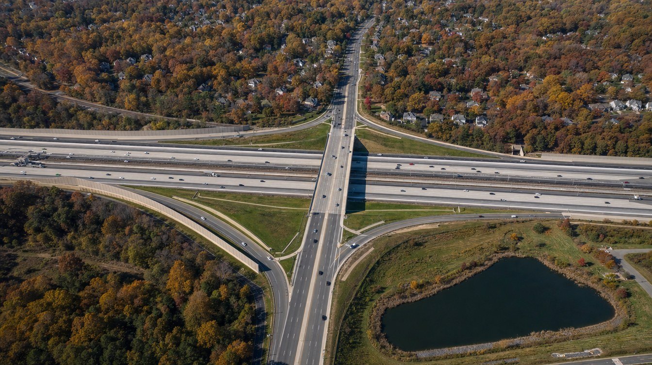 A drone view of the widened I-66 with express lanes and Metro tracks in the median, the Nutley Street bridge with looping ramps and a stormwater pond, sound walls and wooded neighborhoods in fall color
