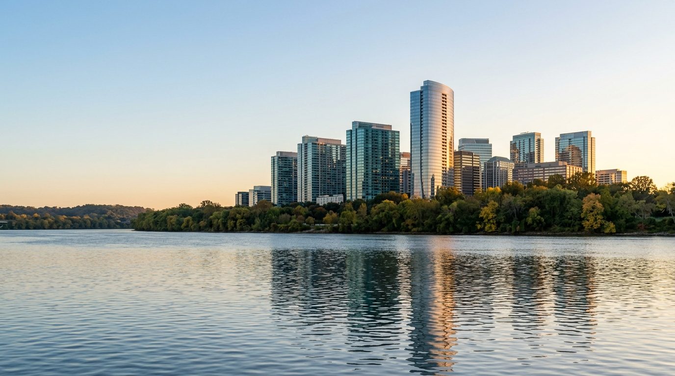Concept image: Rosslyn's condo and office towers across the Potomac at golden hour