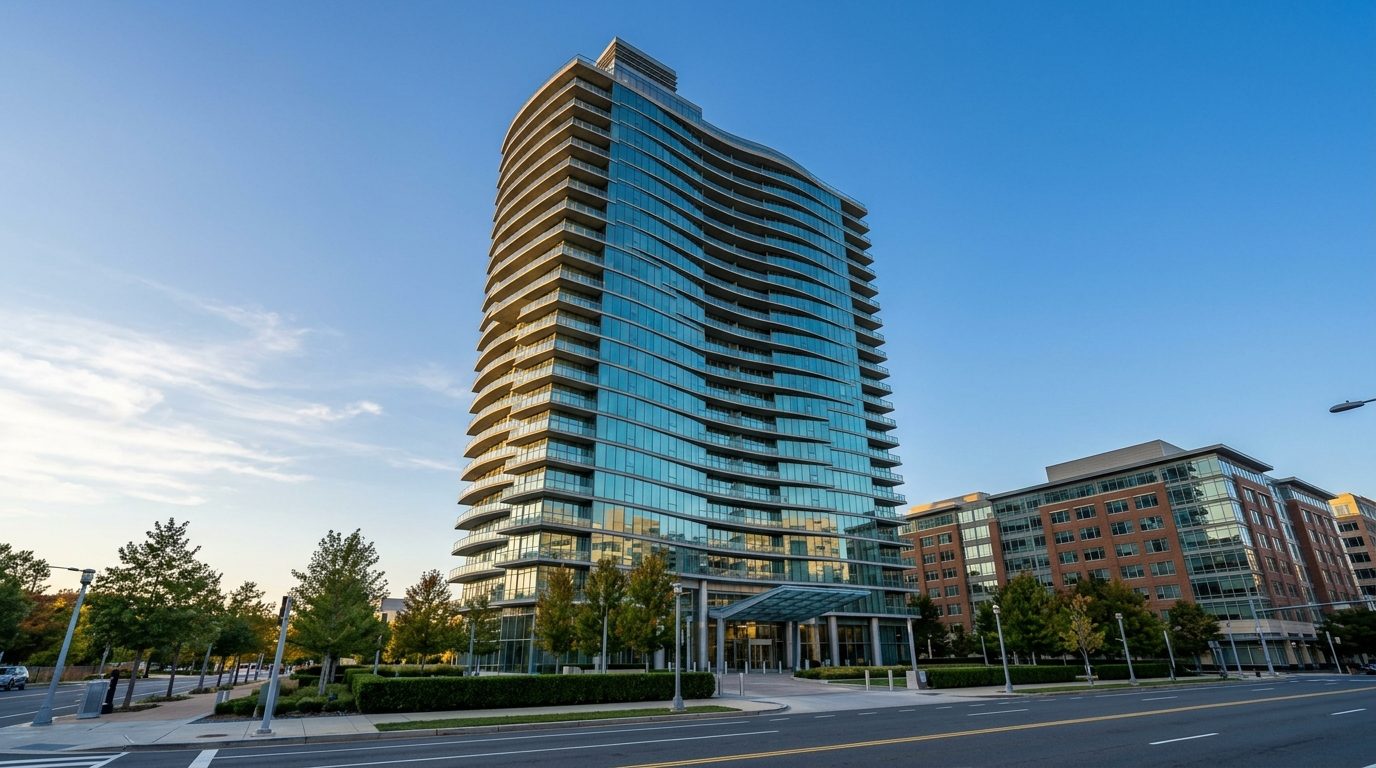 Concept image: A curved glass high-rise condo tower in Rosslyn on a clear afternoon