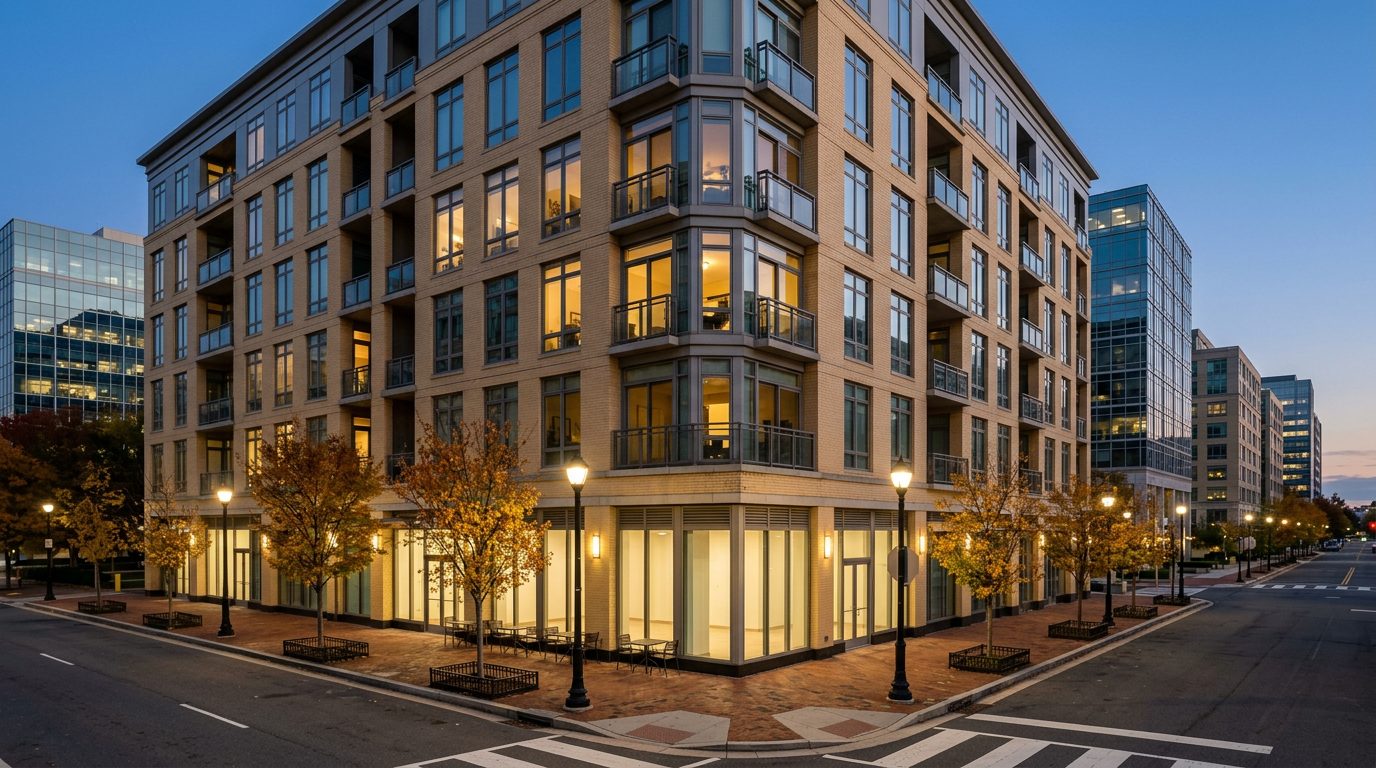 Concept image: A brick mid-rise condo building over street-level shops in Ballston at dusk