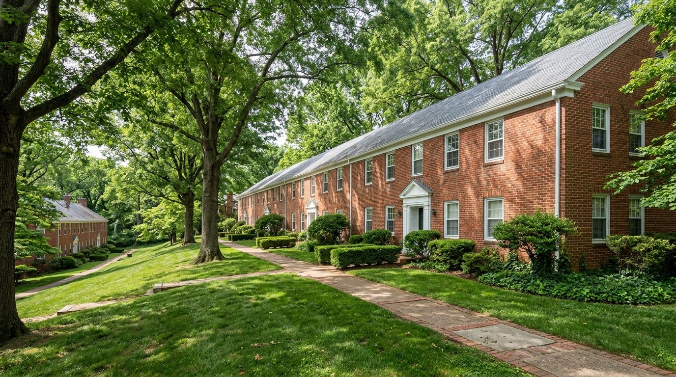 Concept image: Parkfairfax's two-story brick garden buildings on a wooded lawn
