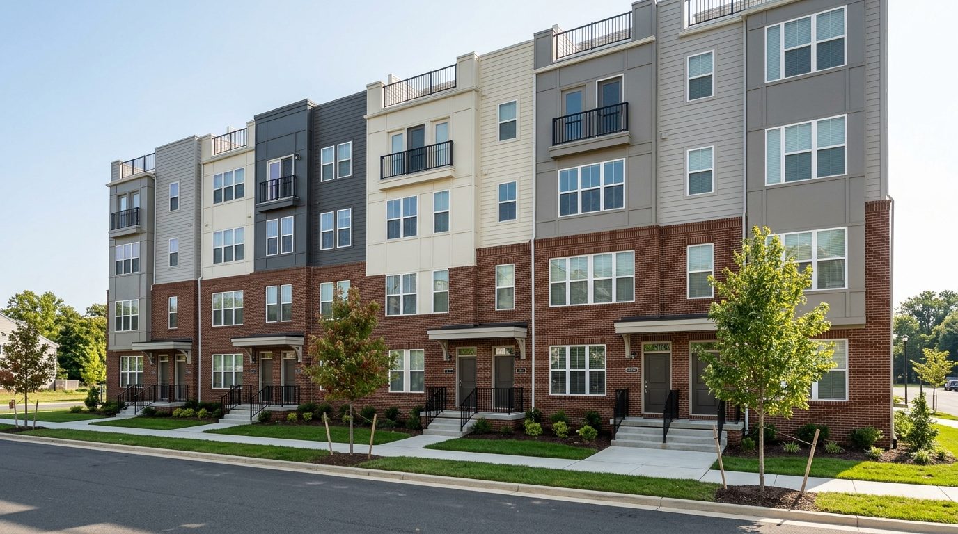 Concept image: A row of four-story stacked two-over-two condos in Ashburn with their own front steps
