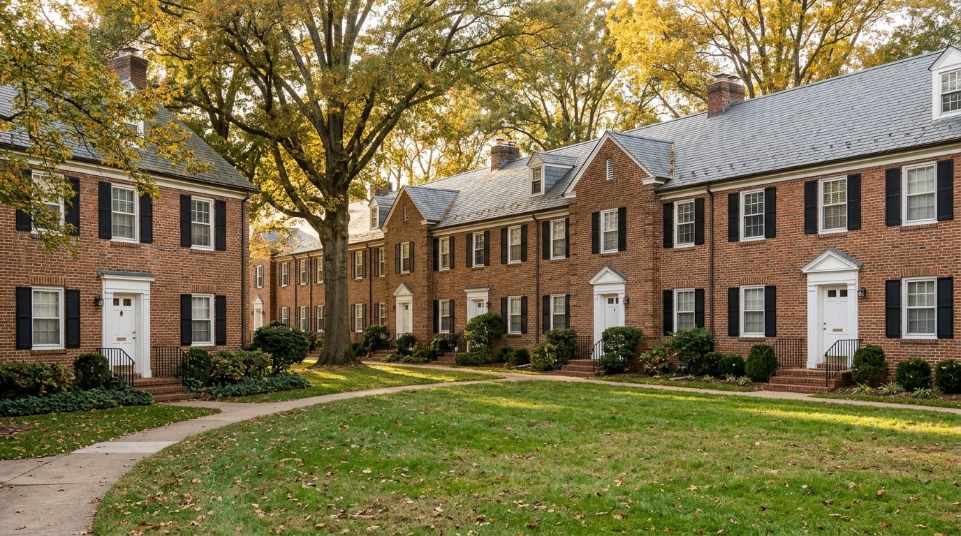 Concept image: Fairlington's brick colonial rows around a shared green court in autumn