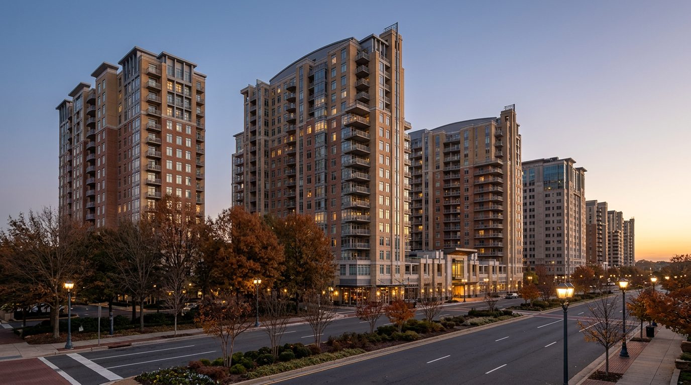 Concept image: Reston Town Center's condo towers along a tree-lined street at dusk