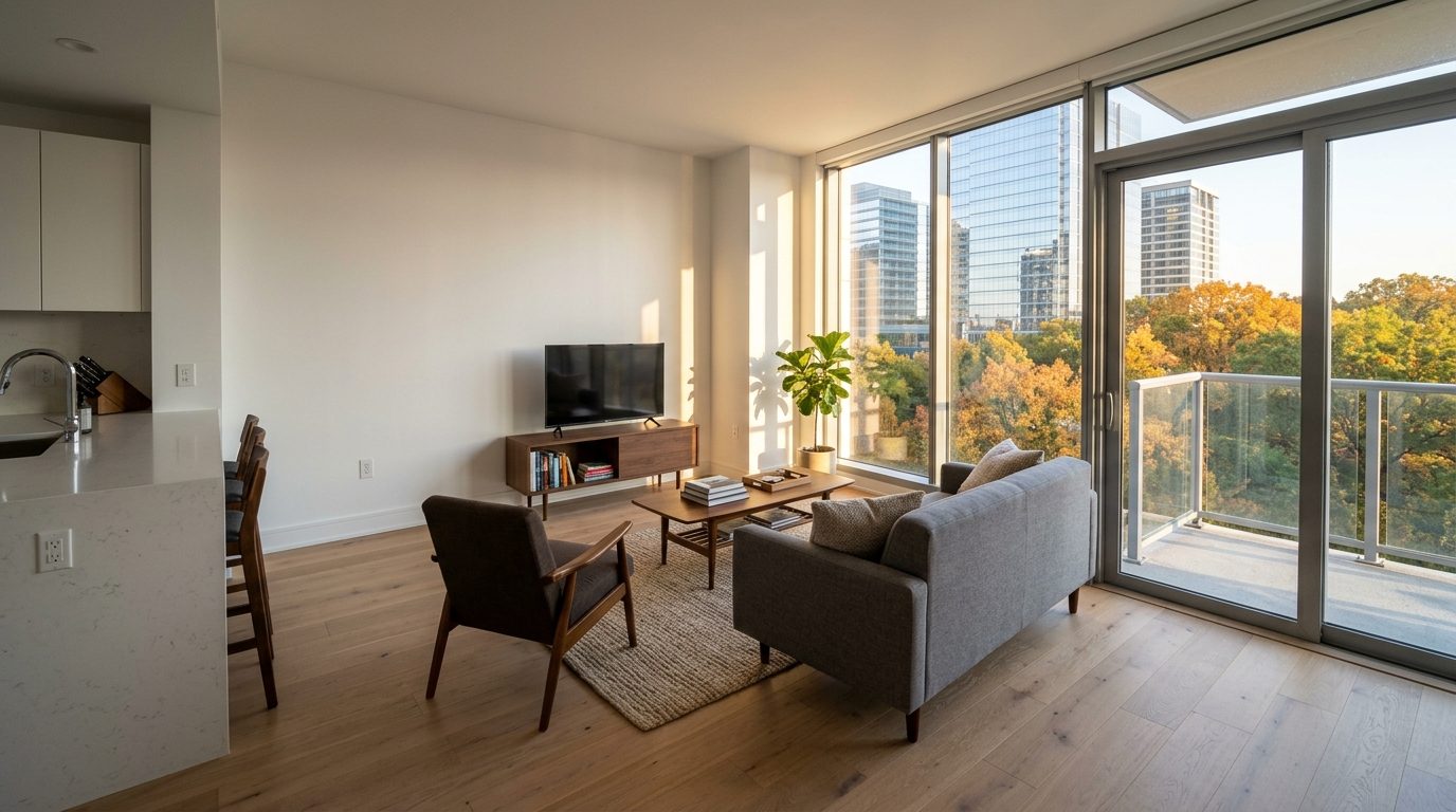 Concept image: A real-size condo living room with an open kitchen and a balcony facing Rosslyn's towers