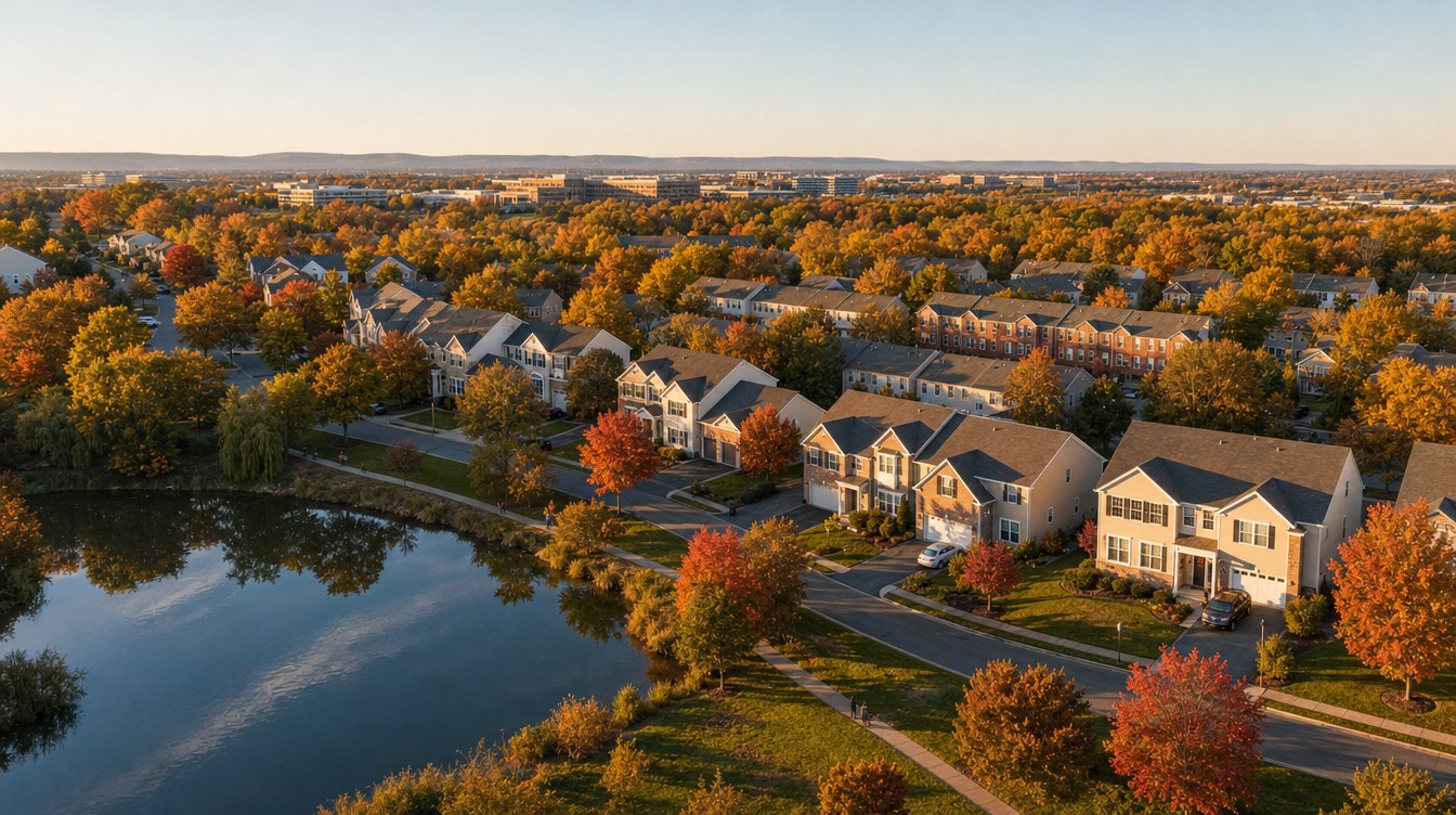 A drone view of Ashburn homes and townhouses along a pond in red and orange fall color, with office buildings on the horizon