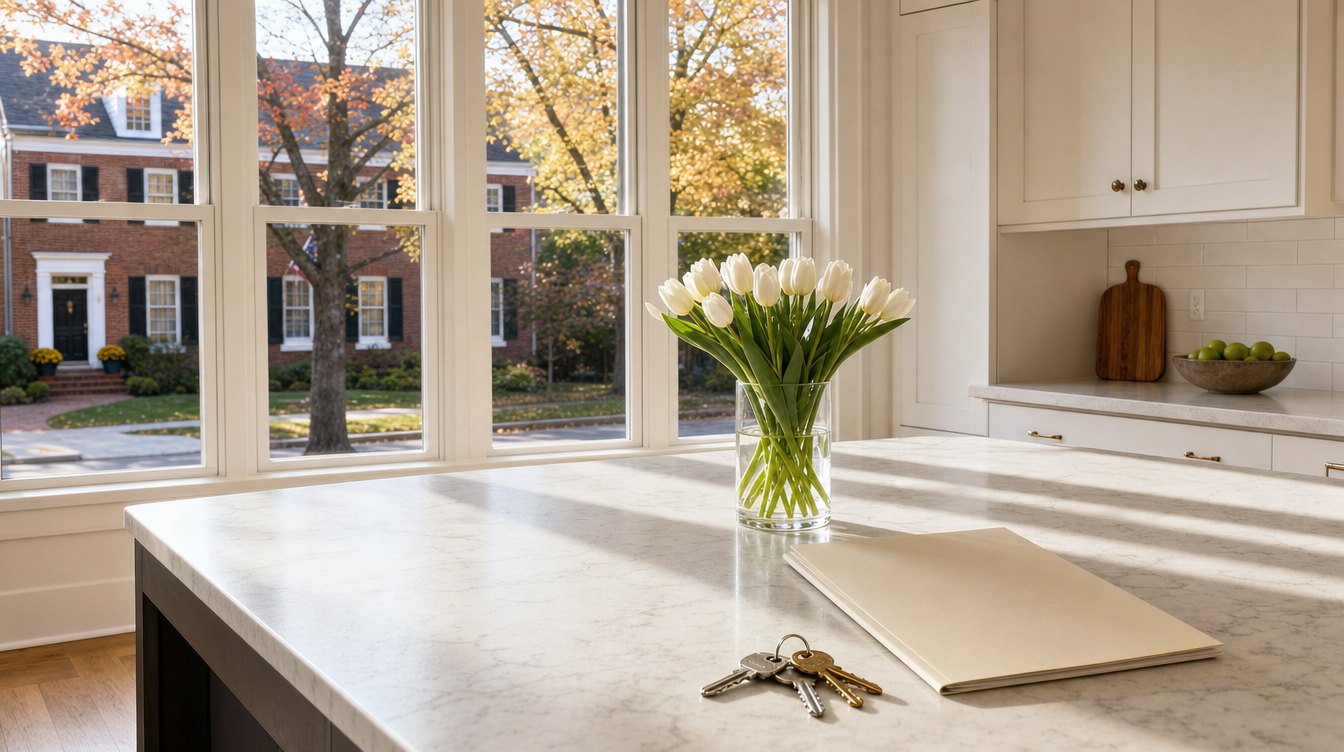 House keys, a closing folder and white tulips on a marble kitchen island, with brick colonials outside the window