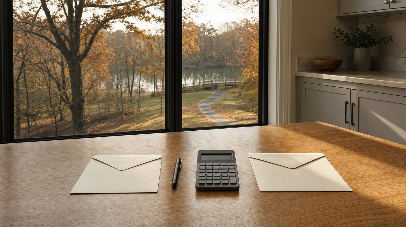 Two envelopes with a pen and a calculator between them on a wood table by a window onto a lake path in fall