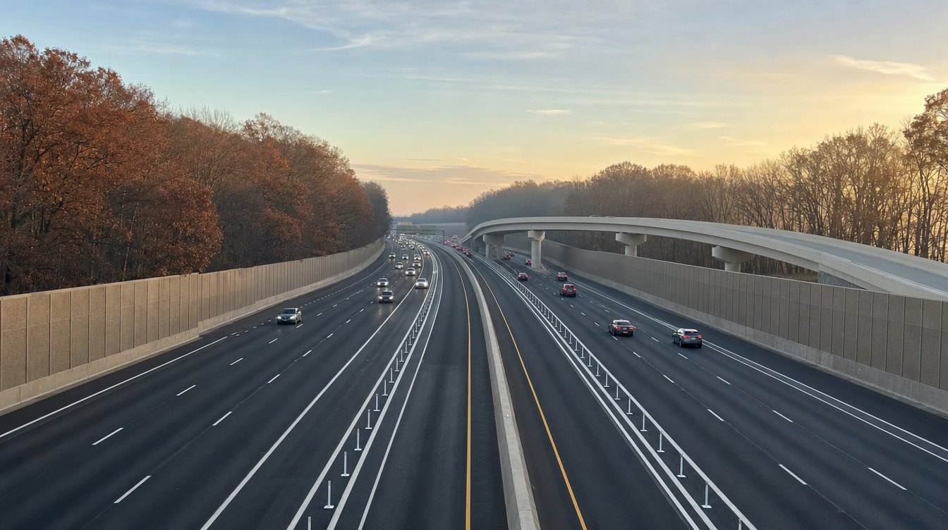 The Capital Beltway in McLean in late fall, seen from a bridge looking north: the new 495 Express Lanes between white posts in the middle, sound walls on both sides, a ramp bridge ahead and bronze trees under a soft sunset sky