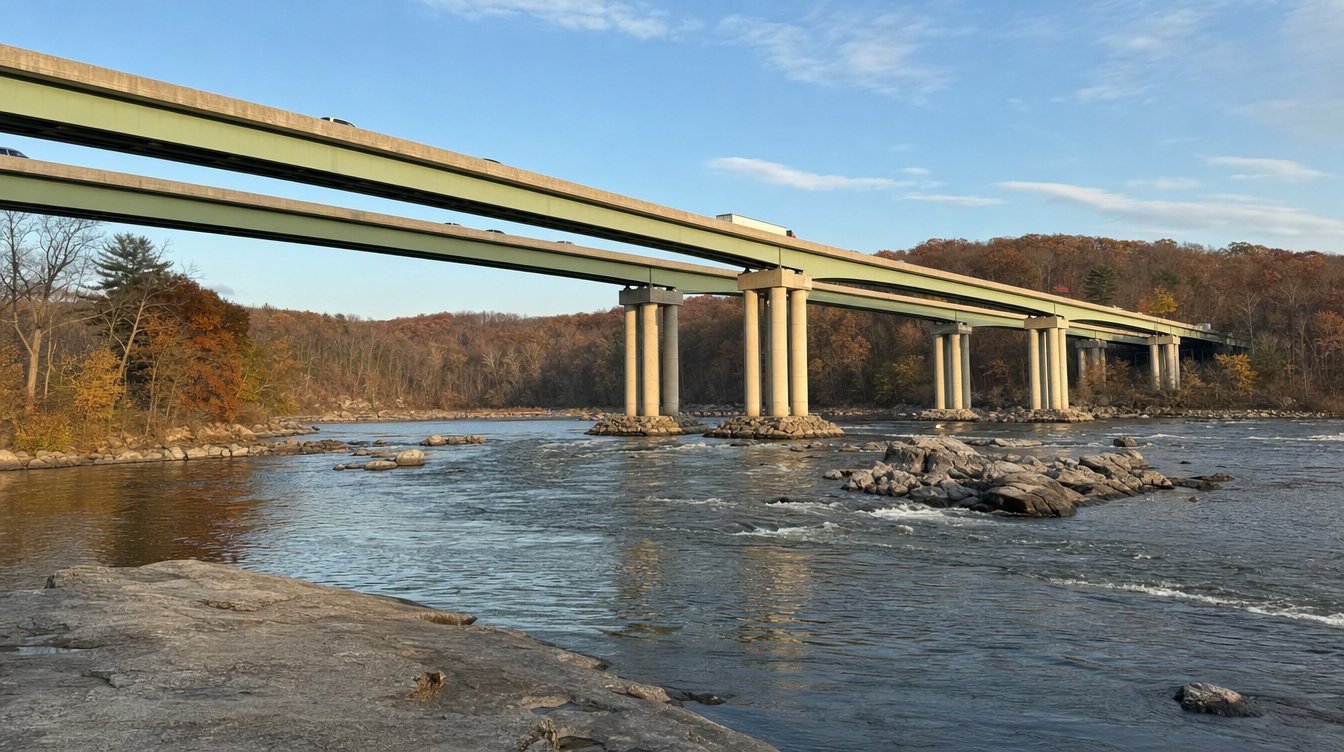 The twin spans of the American Legion Bridge on tall concrete piers over the rocky Potomac, with late-fall woods on the far bank