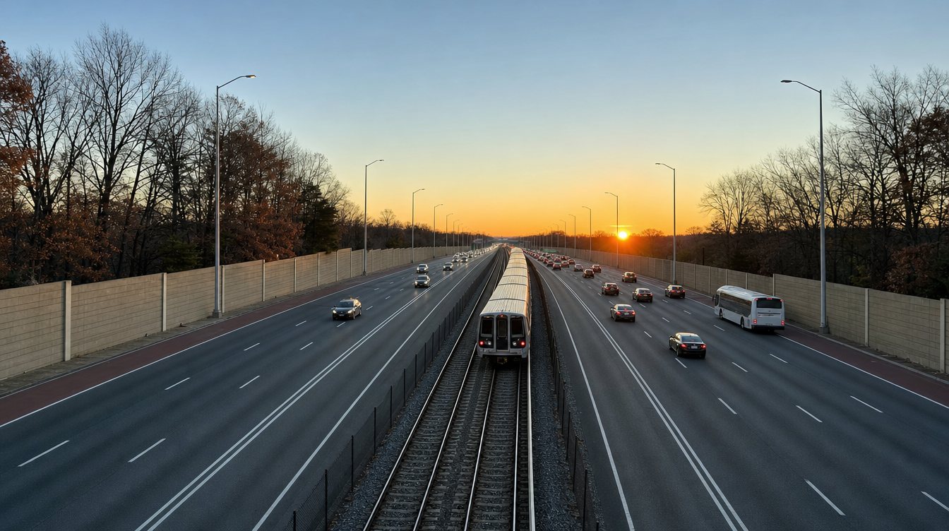 I-66 at sunrise with a Metro train on the tracks in the median, cars and a bus on the lanes on both sides, sound walls and bare late-fall trees