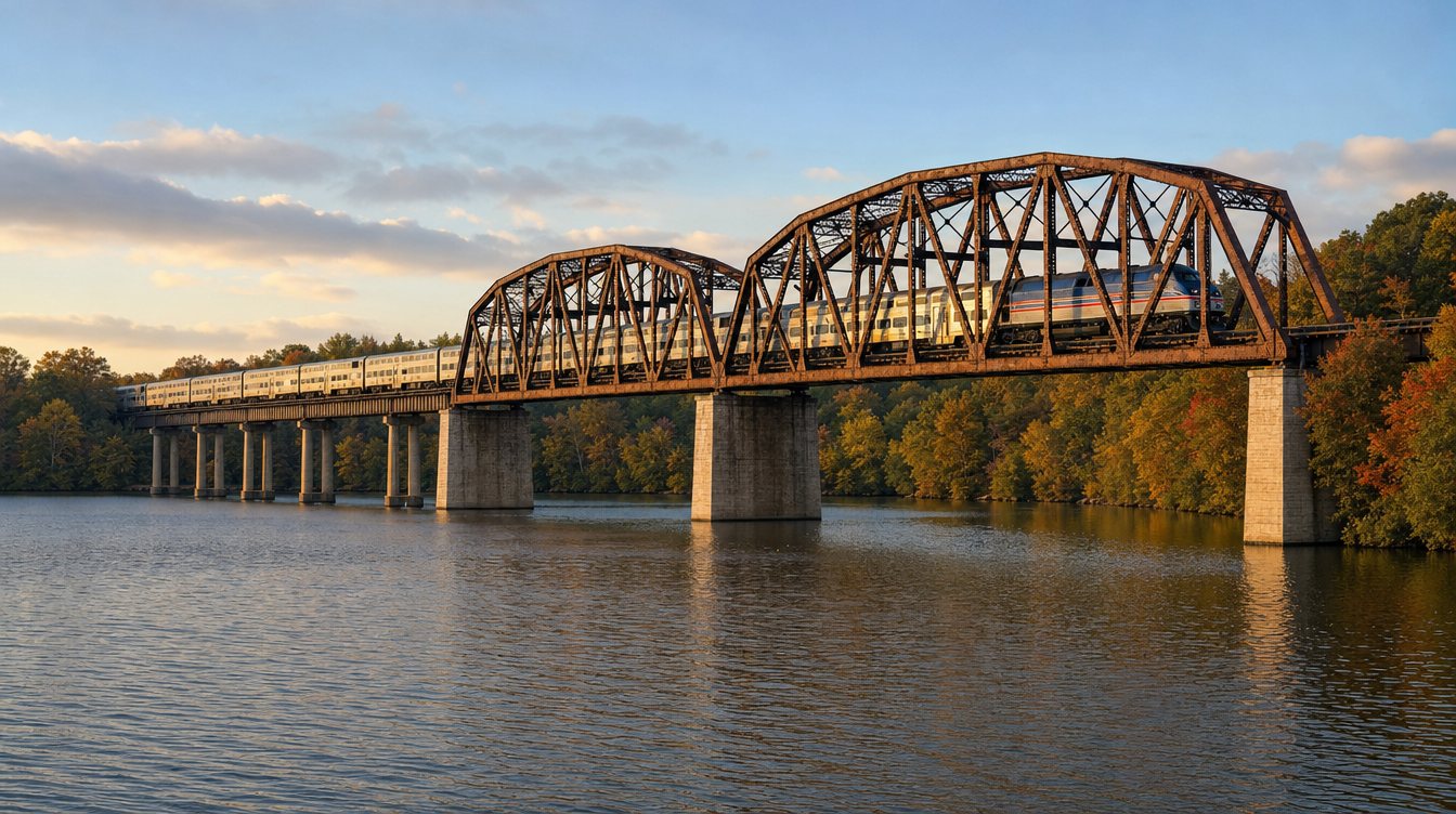 A silver commuter train crossing a rust-colored steel truss bridge over the wide, calm Occoquan River, with fall trees on both banks
