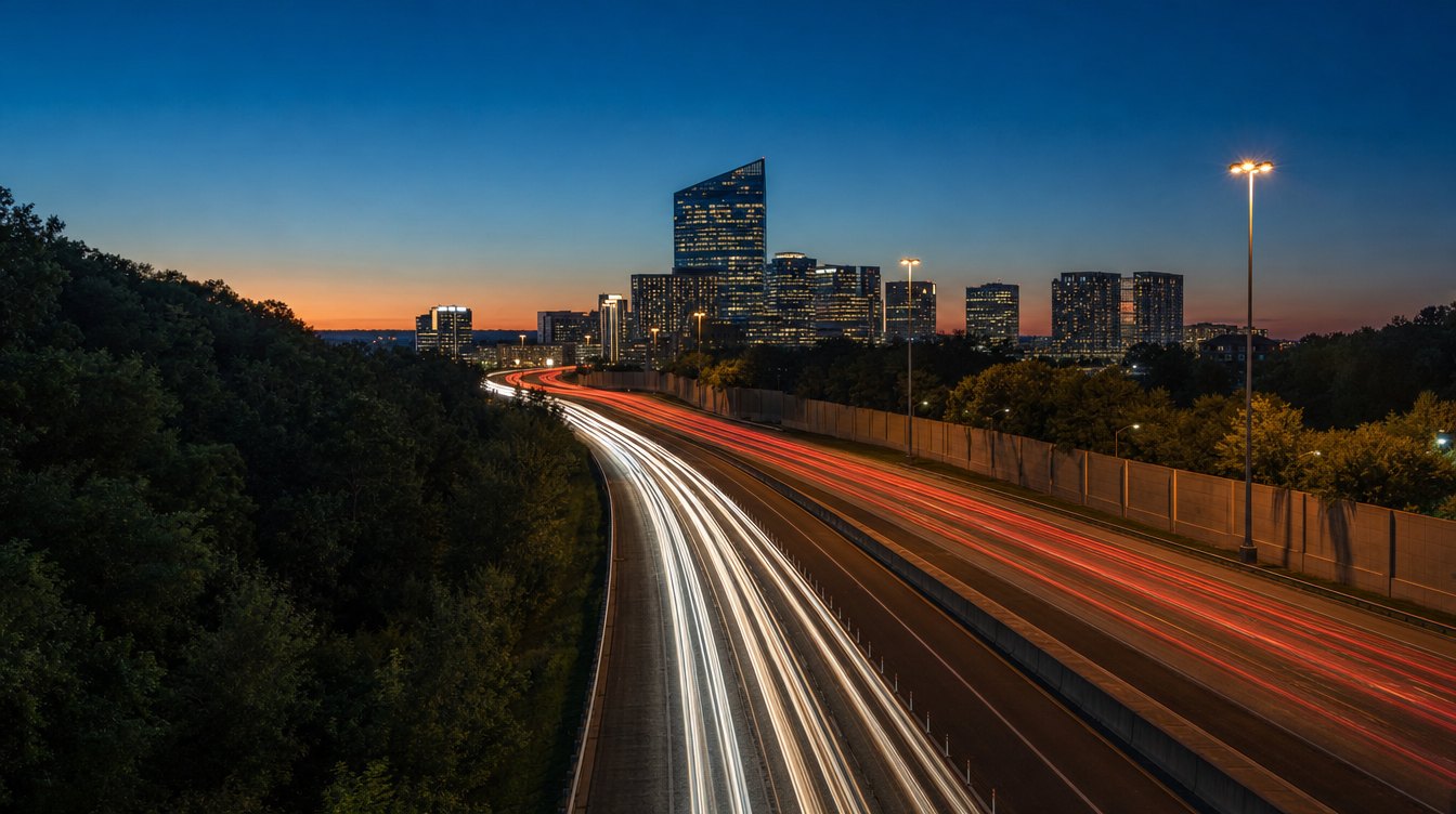 Light trails of cars on the Capital Beltway at blue hour, curving toward the lit towers of Tysons