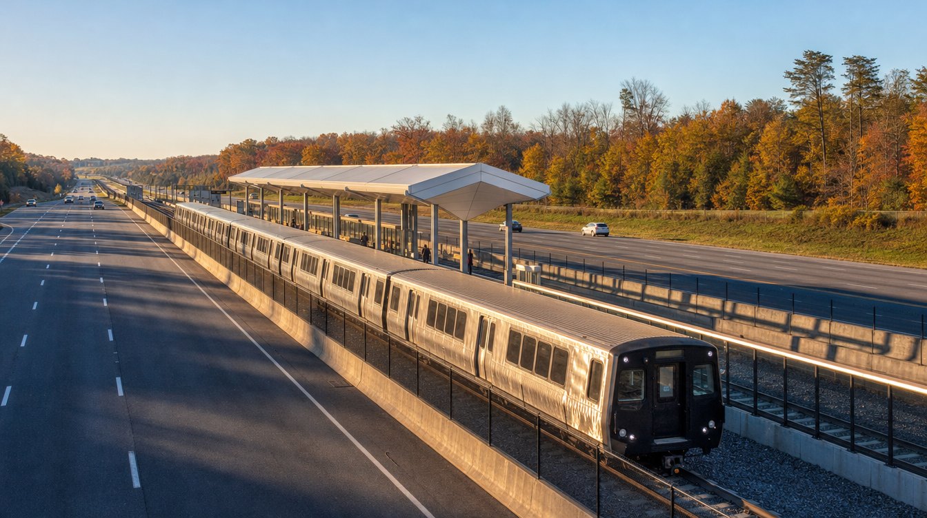 A Metro Silver Line train at an open-air platform in the median of a highway, with fall woods behind