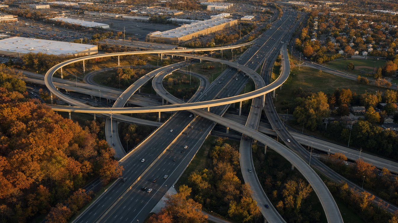 A drone view of the Springfield Interchange, the Mixing Bowl, with looping ramps over I-95 among fall trees