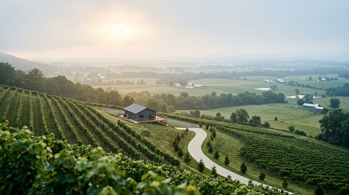 Steep vineyard rows and a small gray tasting building above a winding lane, looking east over farm fields and barns that fade into a hazy summer sky with a pale sun