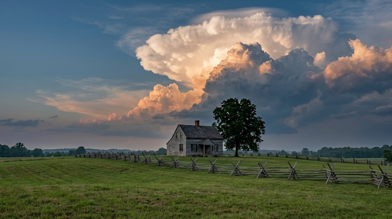 A towering sunset-lit storm cloud above a small gray clapboard farmhouse, a single large tree and a split-rail fence on an open green hill