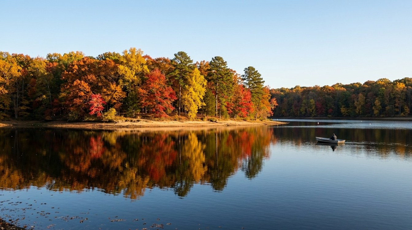Red maples, orange oaks, yellow poplars and dark pines along a low lake shore, mirrored in calm blue water with a small boat on a clear autumn afternoon