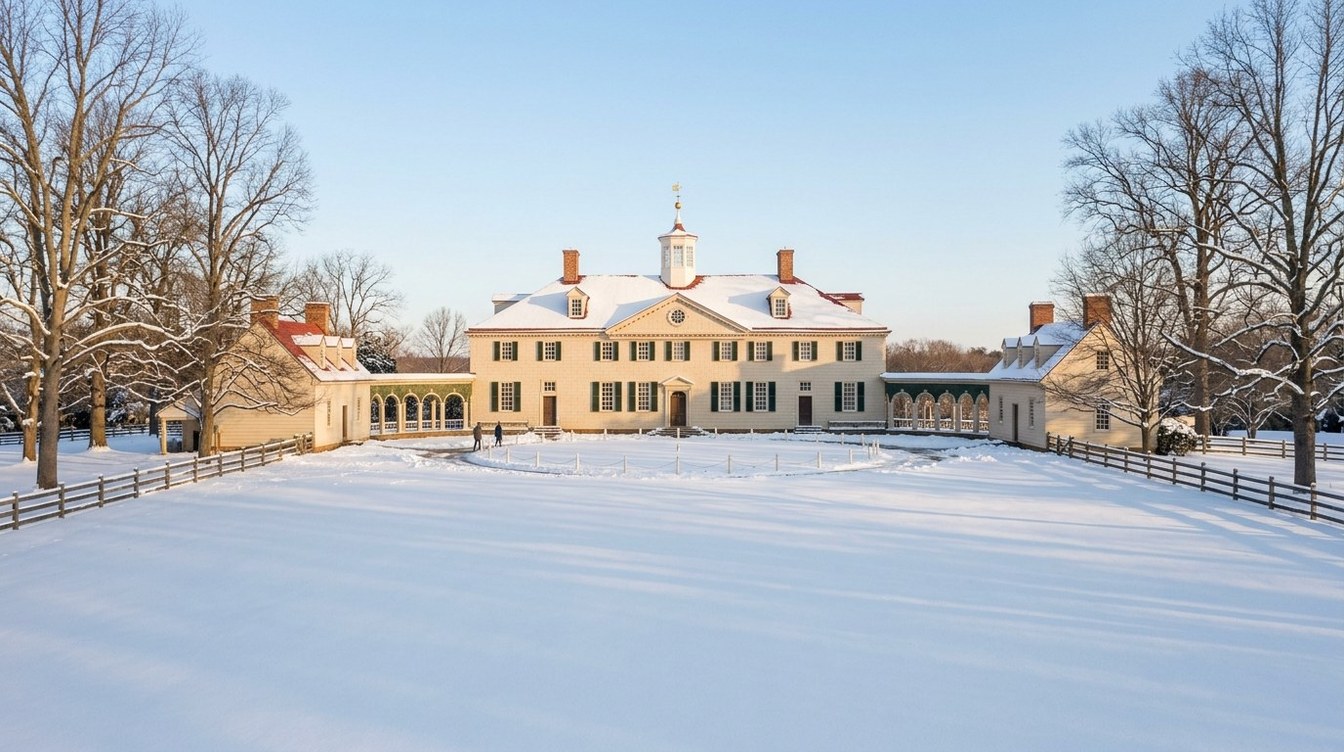 The cream west front of the Mount Vernon mansion with its red roof, cupola and curved colonnades behind a long snow-covered lawn and tall bare trees, in low winter sun