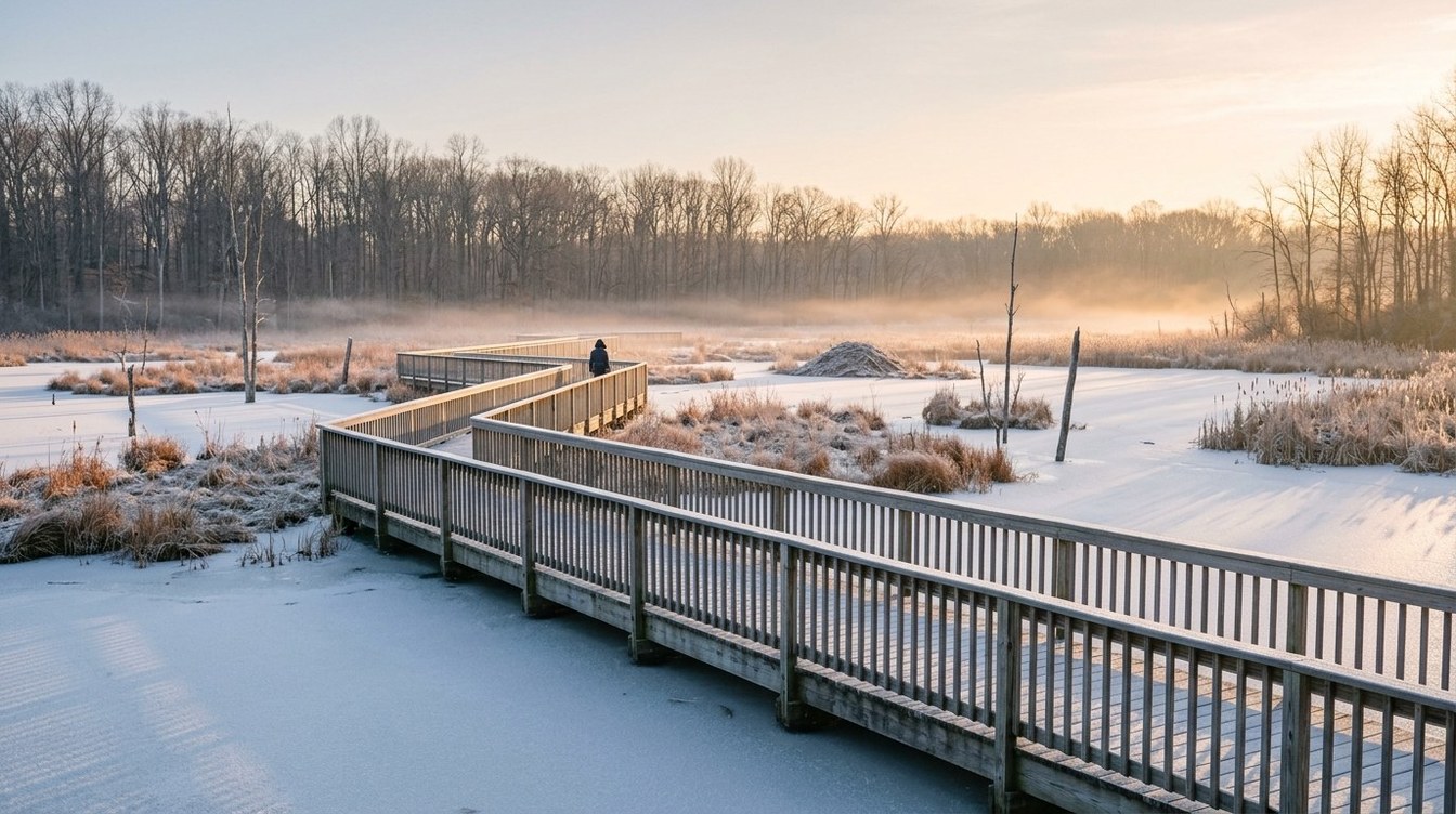 A zigzag wooden boardwalk with picket railings crossing a frozen wetland of frosted marsh grass, dead snags and a beaver lodge, ringed by bare trees in misty sunrise light