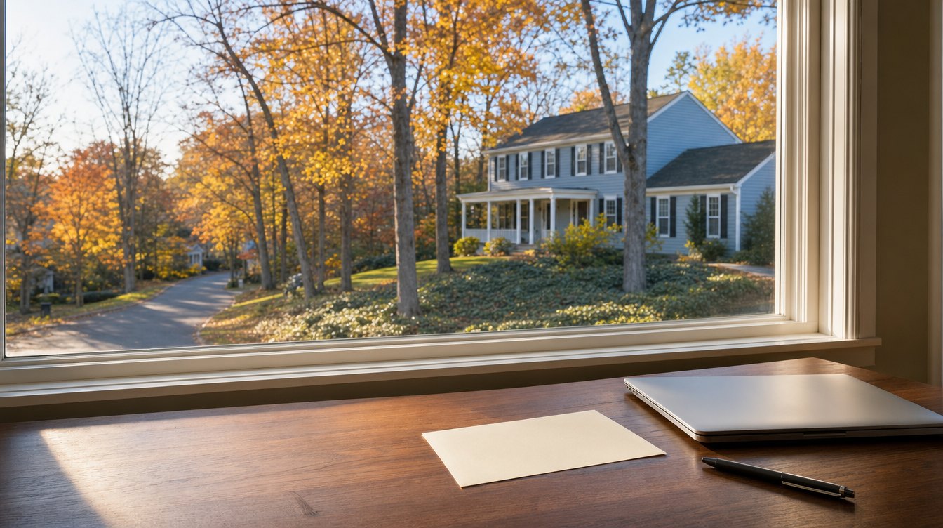 An envelope, a pen and a closed laptop on a desk by a window onto a blue colonial among fall trees