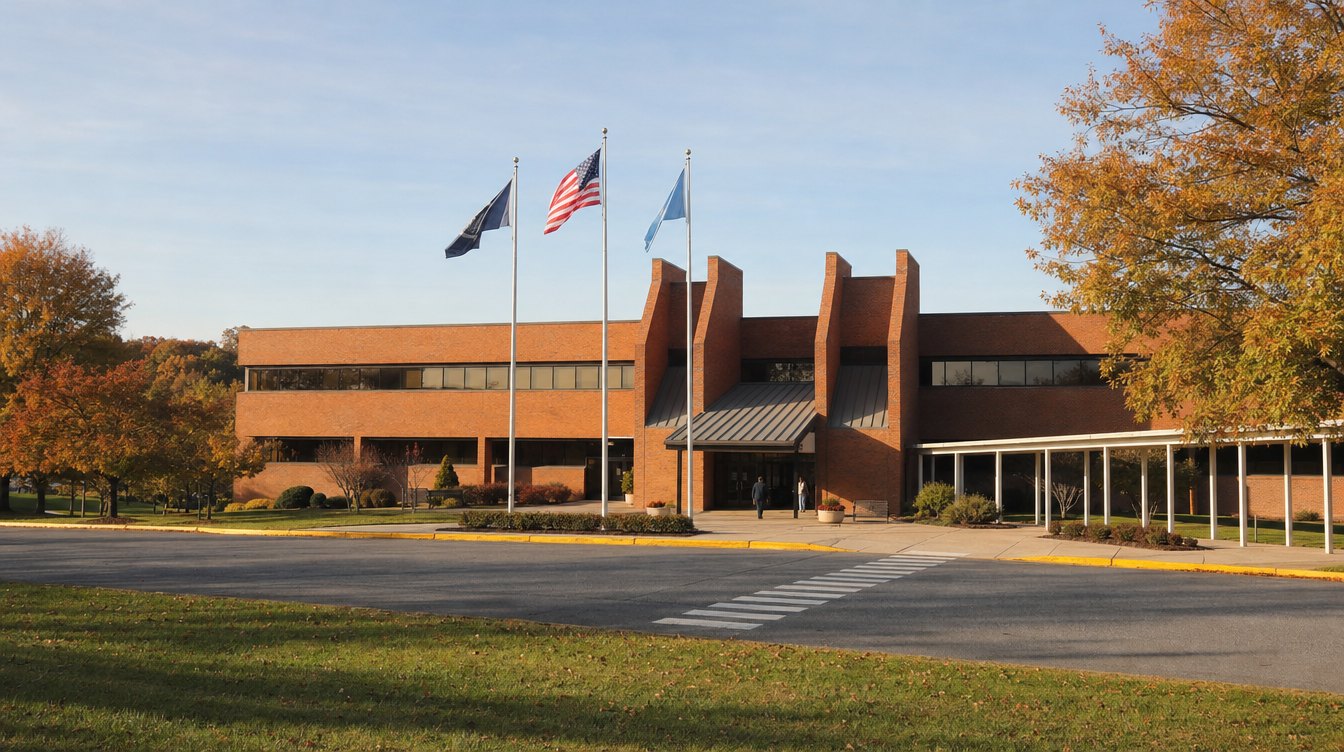 A low brick county office building with flags out front and a covered walkway, under fall trees