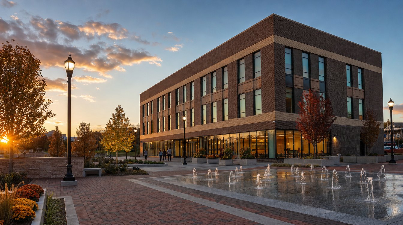 Manassas Park City Hall, a three-story brown brick building with tall windows, behind the brick plaza and splash pad of Park Central Plaza at sunset