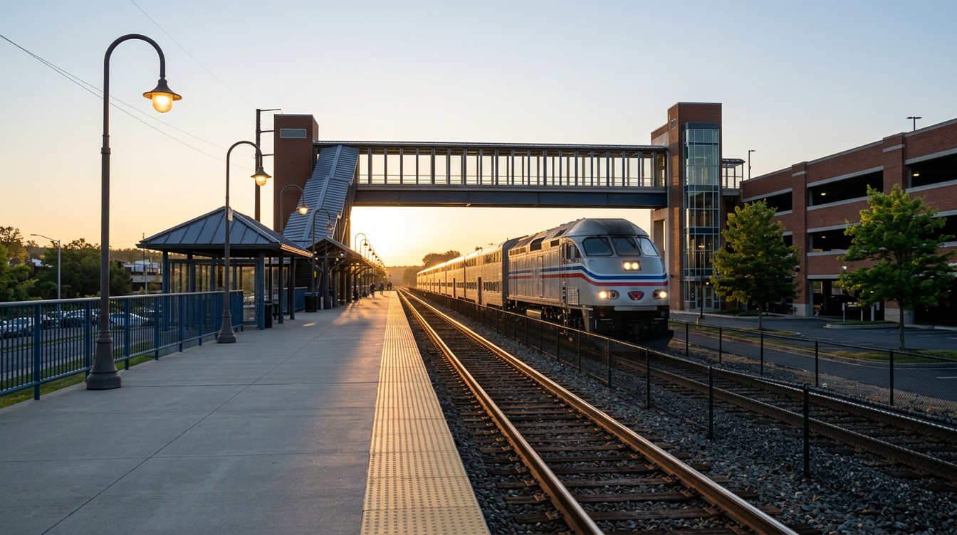 A VRE commuter train pulling into the Manassas Park station at a summer dawn, with the low sun under a glass-sided footbridge, a long platform with a yellow edge and lamp posts, and a brick parking garage