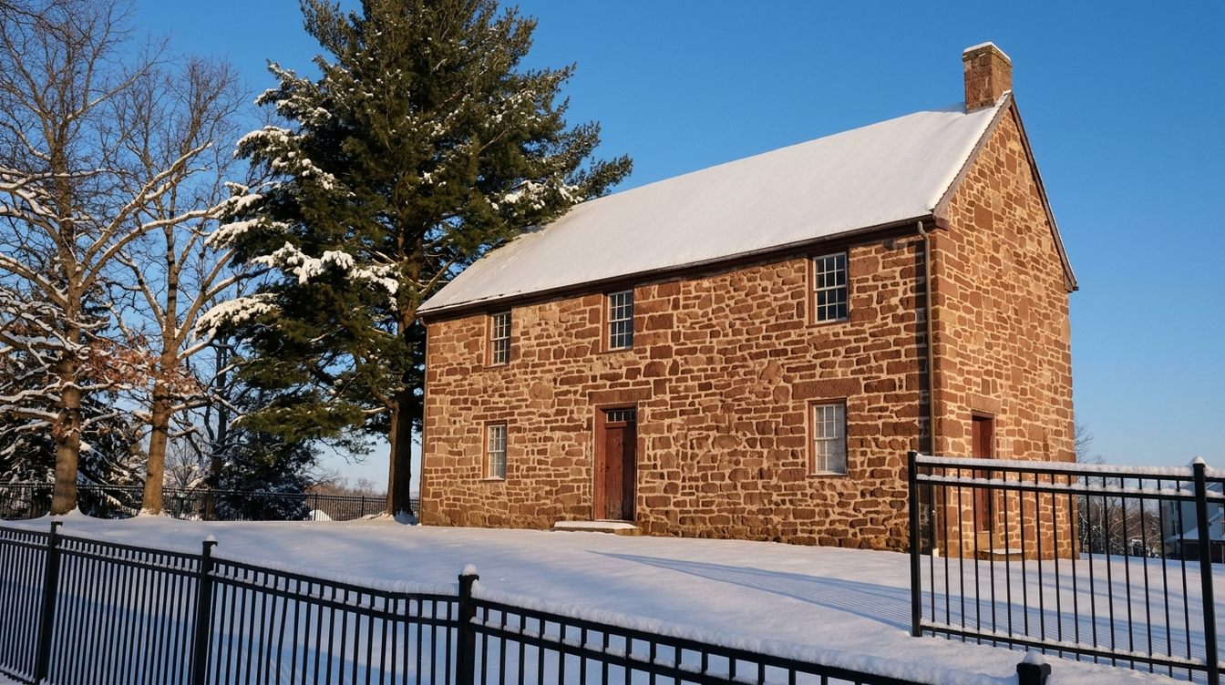 The Conner House, an 18th-century two-story stone farmhouse with a chimney at one end, behind a black iron fence on a snowy lawn under a deep blue sky, with a tall pine beside it